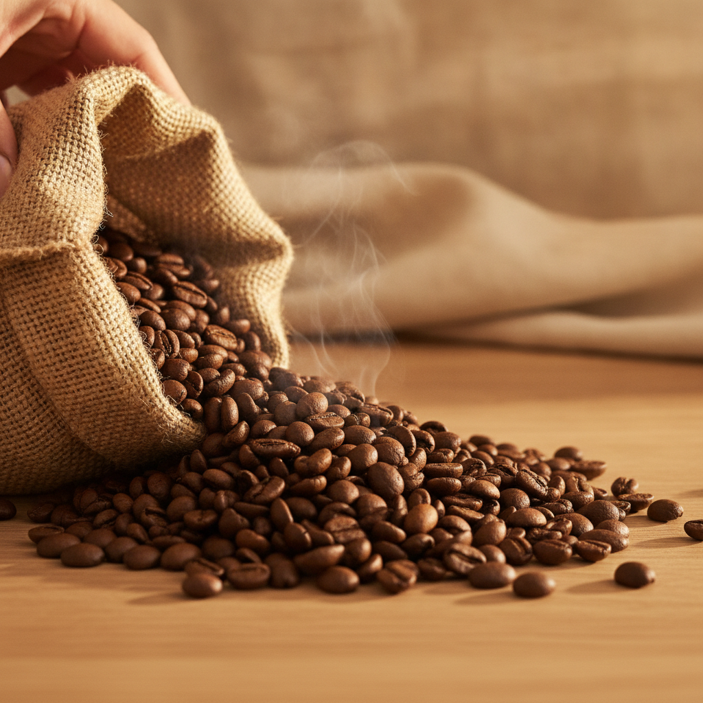 freshly roasted coffee beans spilling from a burlap sack
