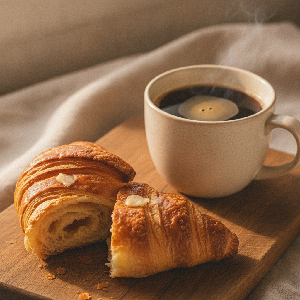 fresh buttery croissant on a wooden board next to a coffee cup